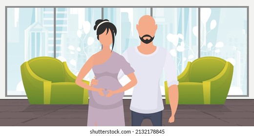 Man and pregnant woman. Poster on the theme Young family is waiting for the birth of a child. Happy pregnancy. Vector in cartoon style.