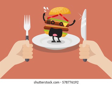 Man prepare to eat scared burger. Vector illustration