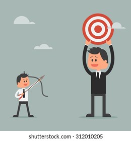 Man prepare shooting arrow to target. Goal achievement and success concept. Motivation concept to be successful in business and life. Vector illustration in flat design.