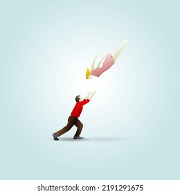 A Man Prepared To Catch A Falling Woman With An Outstretched Arm, For The Concept Of Trust And Faith. Hand Drawn Vector Illustration.