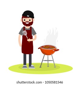 Man prepares barbecue meat on a grill over fire. cook guy in apron. element of lunch on nature. delicious hearty meal. steak, medium rare, food - Cartoon flat illustration
