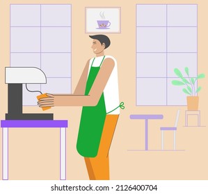 A man prepares coffee in a coffee machine. Barista. Coffee house. Bright image. Vector illustration	