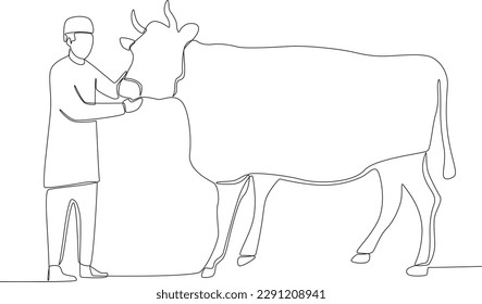 A man prepares a cow for sacrifice. Eid al-Adha one-line drawing