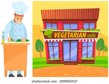 Man prepares dish, cuts cucumber, vegetable for salad. Chef works with kitchen equipment to cook healthy food. Preparing meal for vegetarian cafe. Healthy meatless food restaurant vector illustration