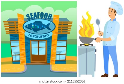 Man Prepares Dish, Fries Products For Meal. Cook Works With Kitchen Equipment To Prepare Food. Design For Sea Food Restaurant Building. Chef Cooking Dish With Fish And Seafood For Cafe Menu