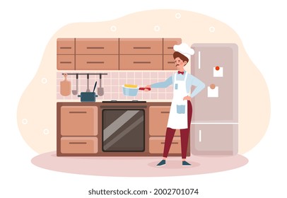 A man prepares food. Cook in an apron and a hat is standing in the kitchen and cooking spaghetti in a saucepan. Healthy food with your own hands. Cartoon flat vector illustration on a white background