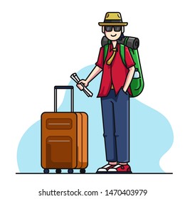 A man prepares to leave for vacation with his bag and briefcase, Holiday Time