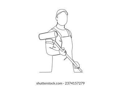 A man prepares to paint the house. Painter one-line drawing