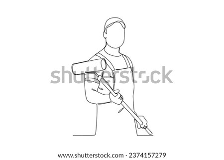 A man prepares to paint the house. Painter one-line drawing