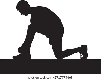 Un hombre se prepara para correr con un ejercicio de estiramiento al aire libre. Silueta de un atleta enfocado preparándose para un entrenamiento en un día soleado, transmitiendo energía y motivación.