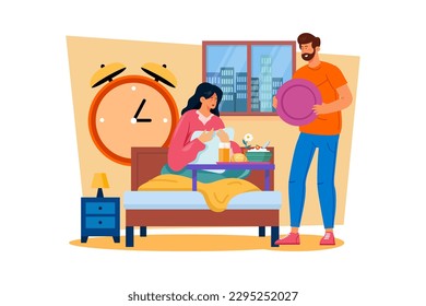 Un hombre prepara un desayuno especial en la cama para la mujer