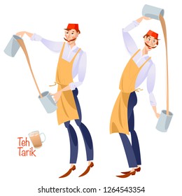 A Man Prepares Teh Tarik. Traditional Hot Milk Tea In The Southeast Asian Countries Of Malaysia, Singapore, Indonesia, And Brunei. Vector Illustration