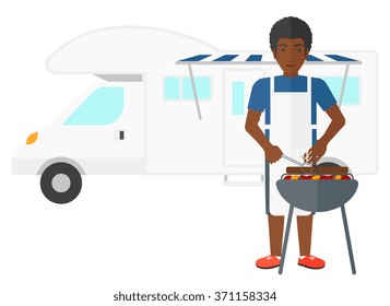 Man preparing barbecue.