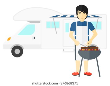 Man preparing barbecue.