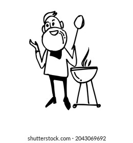 Un hombre está preparando una barbacoa. Un personaje dibujado a mano. Esbozo. Ilustración del vector