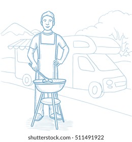 Man preparing barbecue on background of motorhome in the forest. Man cooking meat on barbecue grill outdoor. Man having outdoor barbecue. Hand drawn vector sketch illustration on white background.