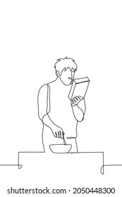 Man Preparing Breakfast Reading Cereal Composition - One Line Drawing Vector. Man Having A Healthy Breakfast With Cereal. Quick Breakfast Concept, Breakfast Preparation