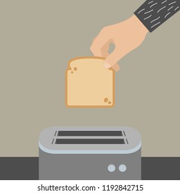 A man preparing breakfast for the rest of a family. Hand putting a slice of a bread or toast into the toaster. Start of the day. Vector isolated illustration.