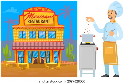 Man preparing dish, adding spice to meal. Chef works with kitchen equipment to prepare dish. Male character adds ingredients to spicy mexican food. Design for Mexican restaurant building concept