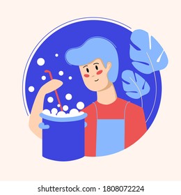 Man preparing a dish. Stay Home vector illustration