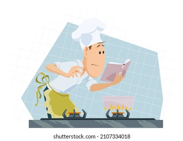 Man is preparing food. Happy chef with pan. Funny small humans. Illustration concept for mobile website and internet development.