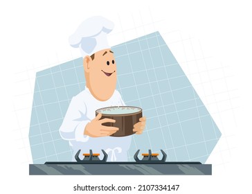 Der Mensch bereitet Essen zu. Fröhlicher Koch mit Pfanne. Die lustigen kleinen Menschen. Illustrationskonzept für mobile Website und Internetentwicklung.