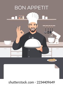 Un hombre está preparando comida en la cocina. Chef profesional con uniforme en la cocina con una gorra en la cabeza y una bandeja en las manos. Cartel. Diseño plano. Ilustración del vector