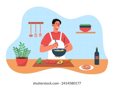 Man preparing food at kitchen. Young guy in white apron with vegetables at cutting board. Avocado, carrot, broccoli and tomatoes at table. Cartoon flat vector illustration isolated on white background