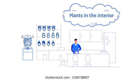 man preparing food modern dining room kitchen interior with plants on wall male cartoon character portrait sketch flow style horizontal