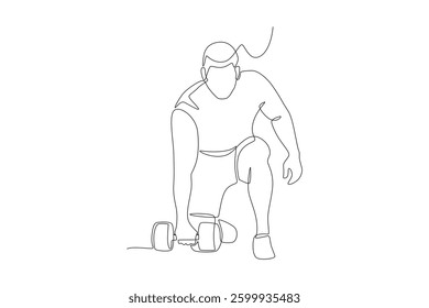 Man preparing to lift dumbbells. Fitness concept one-line drawing