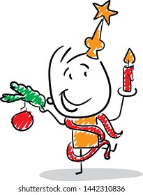 Man preparing to New Year. Doodle style vector illustration object isolated hand draw. Line art cartoon design character