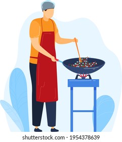 Man preparing pan, preparing frying vegetables, male food, cooking kitchen background, design, flat style vector illustration.