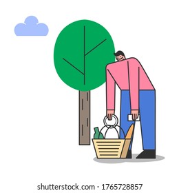 Hombre preparando picnic en el parque para una cita romántica con mujer. Caricatura masculina con cesta de picnic de deliciosa comida al aire libre. Relación y relajación. Ilustración vectorial plana