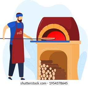 Man preparing pizza oven, chef making, kitchen restaurant, cooking italian food, design, flat style vector illustration.