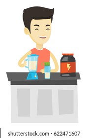 Man preparing protein cocktail of bodybuilding food supplements. Man making protein shake using blender. Man cooking protein cocktail. Vector flat design illustration isolated on white background.