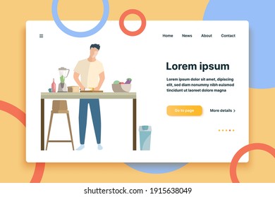 Man preparing smoothie of vegetables flat icon. Cooking, vegetarian, healthy eating. Leisure concept. Vector can be used for topics like food, domestic lifestyle, wellness