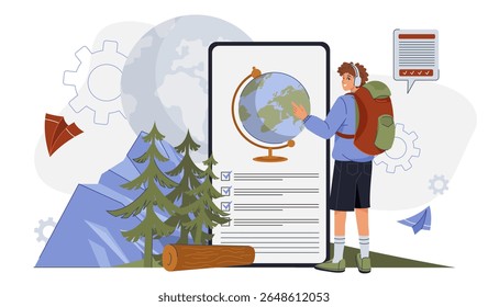 Man preparing for travel. Young guy with backpack near smartphone with globe. Tourist preparing for trip. Hiking and camping. Active leisure outdoors. Flat vector illustration