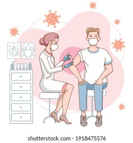 A man is preparing for a virus infection by receiving a vaccine through a doctor or nurse.