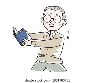 A man with presbyopia who has difficulty reading book