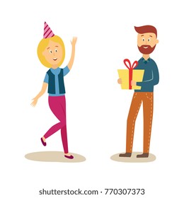 Man with a present box and woman, girl dancing in birthday hat, cartoon vector illustration isolated on white background. People, guests having fun at a birthday party, dancing, holding present