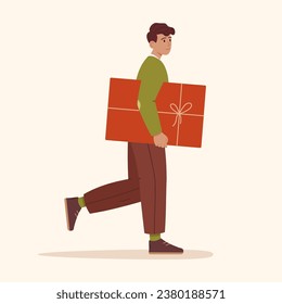 Man with present, gift box. Flat vector illustration