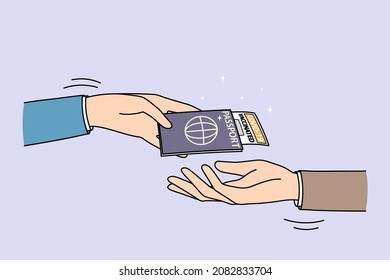 Man present passport with vaccination certificate to steward traveling abroad during covid-19 times. Male customer give document with immunity pass against corona. Flat vector illustration. 