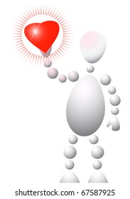 Man present red heart. Abstract 3d-human series from balls. Variant of white isolated on white background. A fully editable vector illustration for your design.