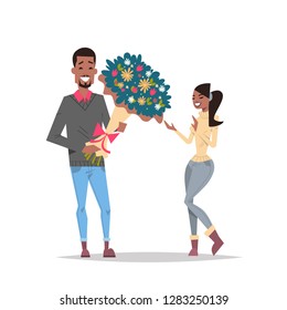 man present woman bouquet of flowers happy valentines day holiday concept african american couple in love male female cartoon characters full length isolated flat