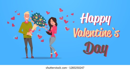 man present woman bouquet of flowers happy valentines day holiday celebration concept young couple in love over pink heart shapes greeting cart horizontal flat