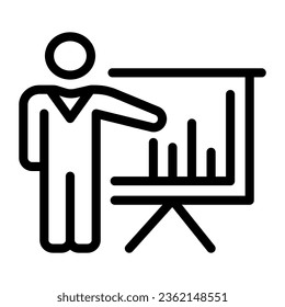 Man with presentation board line icon, Business concept, Person presents diagram on signboard sign on white background, businessman with graph icon in outline style, mobile. Vector graphics