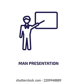 man presentation icon from business collection. Thin linear man presentation, office, presentation outline icon isolated on white background. Line vector man presentation sign, symbol for web and 
