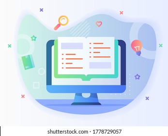 Man presentation on video screen smartphone concept online webinar with flat style.
