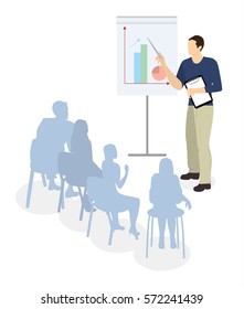 Man with presentation on white background. Concept of analyzing, working and marketing.