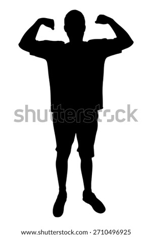 Man presenting arm muscles and biceps, symbolizing power and health. Vector illustration